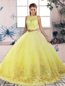 Customized Tulle Sleeveless Quinceanera Dresses Sweep Train and Lace