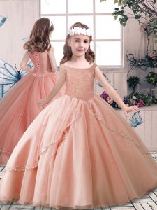Excellent Off The Shoulder Sleeveless Child Pageant Dress Floor Length Beading Peach Tulle