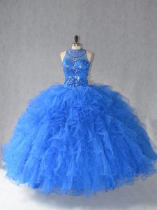 Royal Blue Lace Up Halter Top Beading and Ruffles Sweet 16 Dresses Tulle Sleeveless