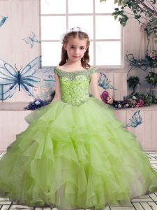 Stylish Sleeveless Organza Floor Length Lace Up Child Pageant Dress in Yellow Green with Beading and Ruffles