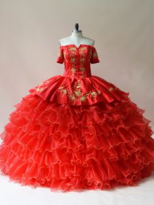 Captivating Sleeveless Organza Floor Length Lace Up Vestidos de Quinceanera in Red with Embroidery and Ruffled Layers