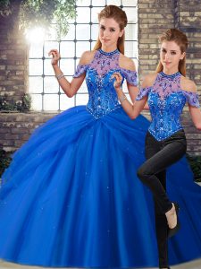 Excellent Two Pieces Sleeveless Blue Sweet 16 Quinceanera Dress Brush Train Lace Up