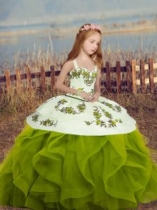 Long Sleeves Lace Up Floor Length Embroidery and Ruffles Little Girl Pageant Gowns