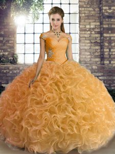 Customized Gold Fabric With Rolling Flowers Lace Up Off The Shoulder Sleeveless Floor Length Quinceanera Gown Beading
