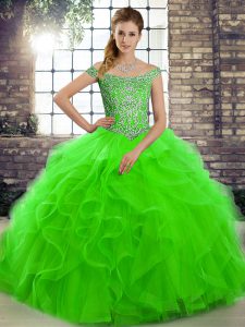 Off The Shoulder Sleeveless Tulle Sweet 16 Dresses Beading and Ruffles Brush Train Lace Up