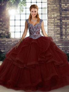 Deluxe Floor Length Burgundy Quinceanera Dresses Straps Sleeveless Lace Up