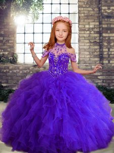 Dramatic High-neck Sleeveless Lace Up Girls Pageant Dresses Purple Tulle