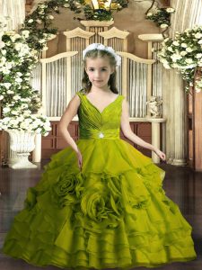Floor Length Olive Green Pageant Gowns V-neck Sleeveless Backless