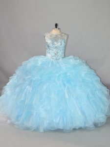 Floor Length Lace Up Quinceanera Dress Blue for Sweet 16 and Quinceanera with Beading and Ruffles