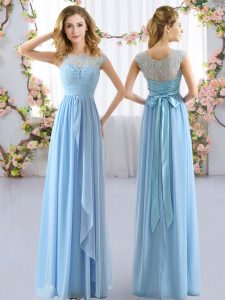 Hot Selling Scoop Cap Sleeves Chiffon Dama Dress for Quinceanera Lace and Belt Side Zipper