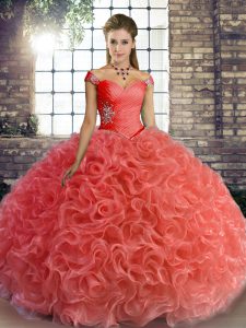 Watermelon Red Lace Up Sweet 16 Quinceanera Dress Beading Sleeveless Floor Length