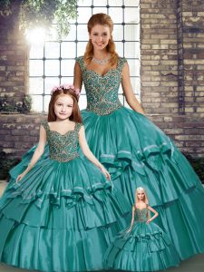 Custom Designed Sleeveless Beading and Ruffled Layers Lace Up Quinceanera Gowns