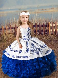 Nice Royal Blue Lace Up Straps Embroidery and Ruffles Pageant Dress for Teens Organza Sleeveless