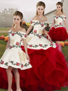 Top Selling Floor Length Lace Up Sweet 16 Quinceanera Dress White And Red for Military Ball and Sweet 16 and Quinceanera with Embroidery and Ruffles