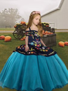 Floor Length Lace Up Little Girls Pageant Gowns Teal for Party and Wedding Party with Embroidery