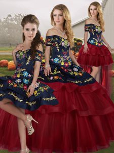 Brush Train Ball Gowns Sweet 16 Dresses Wine Red Off The Shoulder Tulle Sleeveless Lace Up