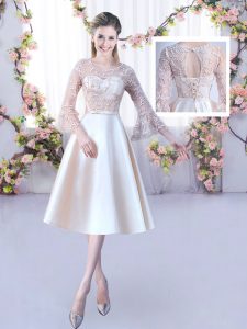 Ideal Champagne A-line Scoop 3 4 Length Sleeve Satin Tea Length Lace Up Lace and Belt Quinceanera Court Dresses