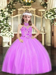 Fashionable Lilac Lace Up Halter Top Appliques Pageant Dress for Girls Tulle Sleeveless
