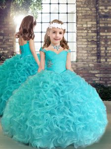 Straps Sleeveless Fabric With Rolling Flowers Little Girls Pageant Dress Beading and Ruching Lace Up