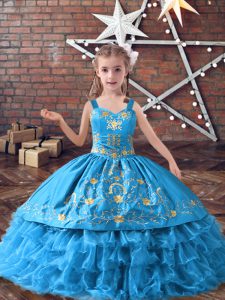 Wonderful Baby Blue Ball Gowns Satin and Organza Straps Sleeveless Embroidery and Ruffled Layers Floor Length Lace Up Pageant Dress