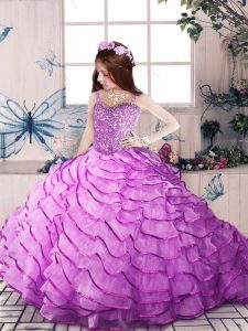 Lilac Sleeveless Organza Court Train Lace Up Little Girl Pageant Gowns for Party and Sweet 16 and Wedding Party