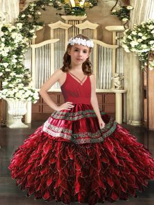 Pretty Floor Length Red Child Pageant Dress Organza Sleeveless Appliques and Ruffles
