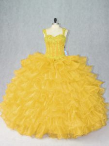 Exceptional Gold Ball Gowns Straps Sleeveless Organza Floor Length Lace Up Beading and Ruffles Vestidos de Quinceanera
