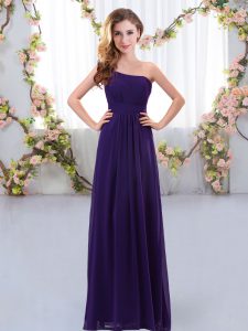 Graceful Purple One Shoulder Zipper Ruching Dama Dress for Quinceanera Sleeveless