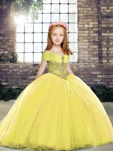 New Style Yellow Tulle Lace Up Straps Sleeveless Girls Pageant Dresses Brush Train Beading