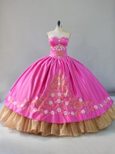 Rose Pink Satin Lace Up Sweetheart Sleeveless Floor Length Vestidos de Quinceanera Embroidery