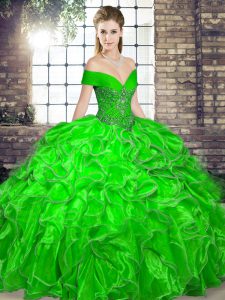 Green Organza Lace Up Off The Shoulder Sleeveless Floor Length Quinceanera Gown Beading and Ruffles