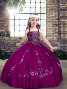Fuchsia Tulle Lace Up Little Girls Pageant Dress Wholesale Sleeveless Floor Length Beading