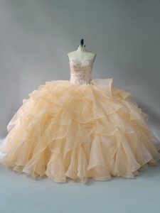 Gold Sweet 16 Dress Sweet 16 and Quinceanera with Beading and Ruffles Sweetheart Sleeveless Brush Train Lace Up