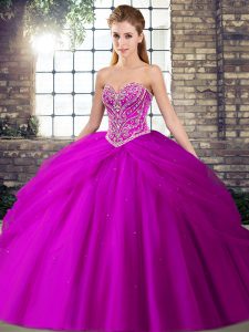 Edgy Fuchsia Quince Ball Gowns Military Ball and Sweet 16 and Quinceanera with Beading and Pick Ups Sweetheart Sleeveless Brush Train Lace Up