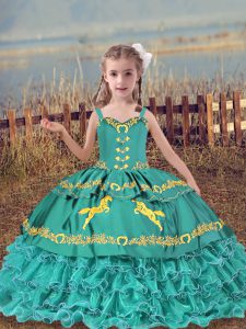 Enchanting Floor Length Lace Up Girls Pageant Dresses Teal for Wedding Party with Beading and Embroidery and Ruffled Layers