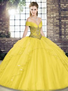 Sleeveless Tulle Floor Length Lace Up Quinceanera Gown in Gold with Beading and Ruffles
