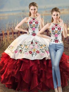 Low Price Two Pieces Quinceanera Dress White And Red Halter Top Organza Sleeveless Floor Length Lace Up