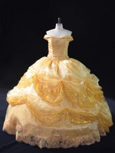 Elegant Gold Sleeveless Floor Length Beading and Pick Ups Lace Up Custom Made