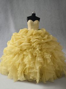Popular Sweetheart Sleeveless Lace Up Ball Gown Prom Dress Yellow Organza