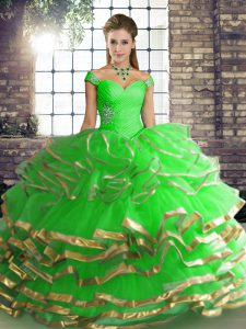 Tulle Off The Shoulder Sleeveless Lace Up Beading and Ruffled Layers Military Ball Gowns in Green