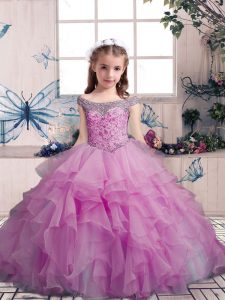 Simple Lilac Ball Gowns Organza Off The Shoulder Sleeveless Beading and Ruffles Floor Length Lace Up Child Pageant Dress