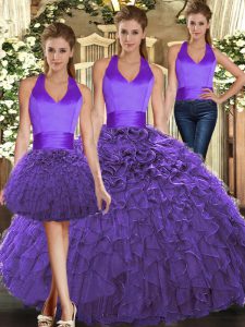 Comfortable Organza Halter Top Sleeveless Lace Up Ruffles Quince Ball Gowns in Purple
