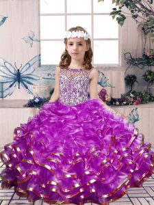 Floor Length Lace Up Little Girl Pageant Dress Lilac for Party and Wedding Party with Beading and Ruffles