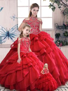 Graceful Red Organza Lace Up High-neck Sleeveless Floor Length 15th Birthday Dress Beading and Ruffles