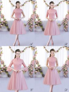 Glittering Pink High-neck Neckline Lace Quinceanera Court Dresses Cap Sleeves Zipper