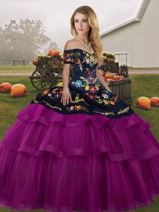 Embroidery and Ruffled Layers Quinceanera Dresses Fuchsia Lace Up Sleeveless Brush Train