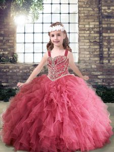 Dazzling Pink Ball Gowns Tulle Straps Sleeveless Beading and Ruffles Floor Length Lace Up Pageant Dress for Girls