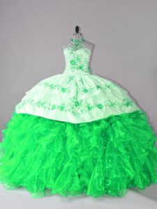 High Quality Sleeveless Court Train Embroidery and Ruffles Lace Up Quince Ball Gowns