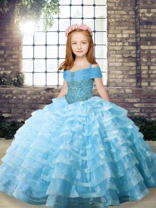 Adorable Organza Sleeveless Kids Pageant Dress Brush Train and Beading and Ruffled Layers