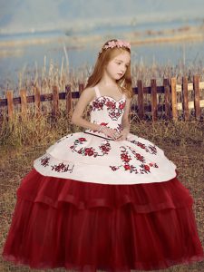 Red Ball Gowns Embroidery Little Girl Pageant Dress Lace Up Tulle Sleeveless Floor Length